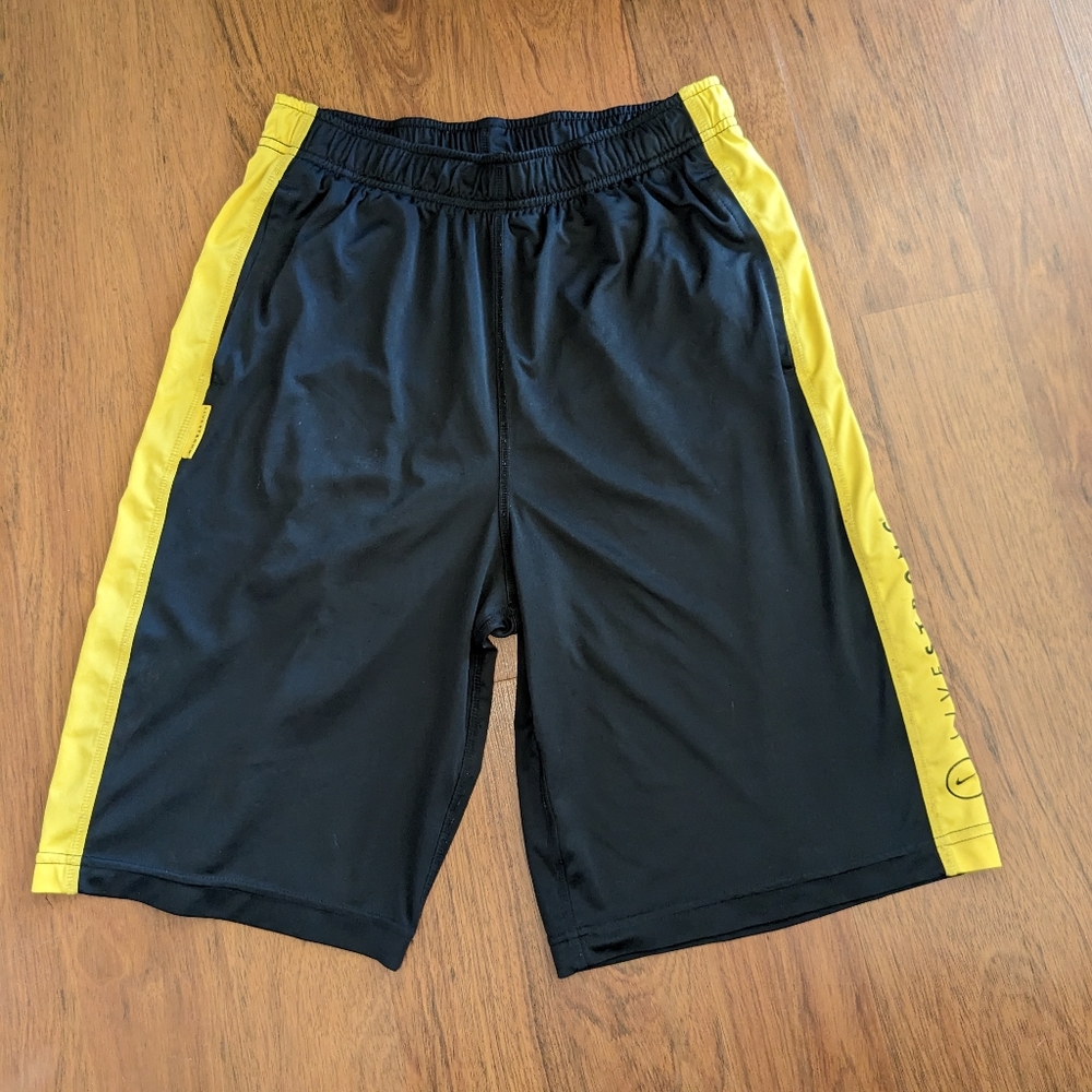 Nike Dri Fit LiveStrong Boys XL Athletic Shorts Black with yellow stripes on leg